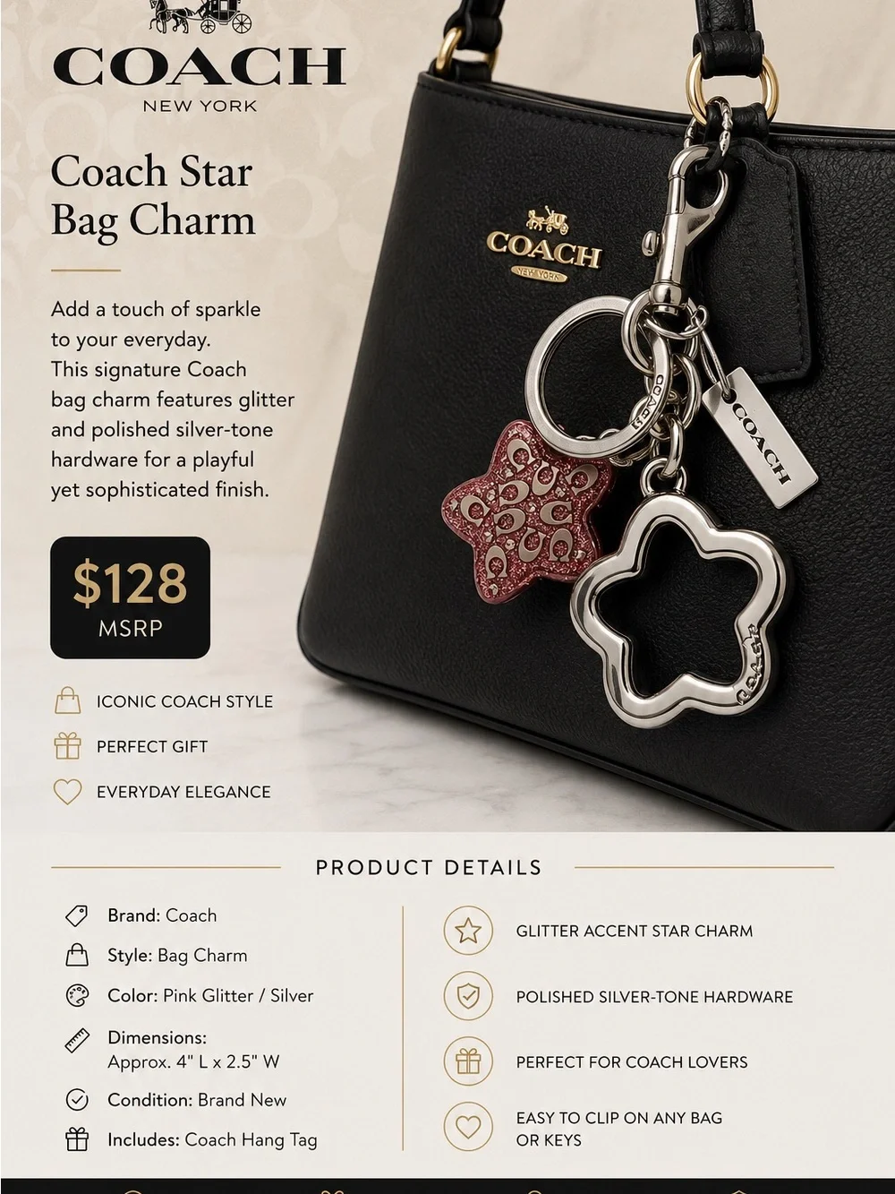 Coach Pink Glitter and Silver Star Bag Charm
